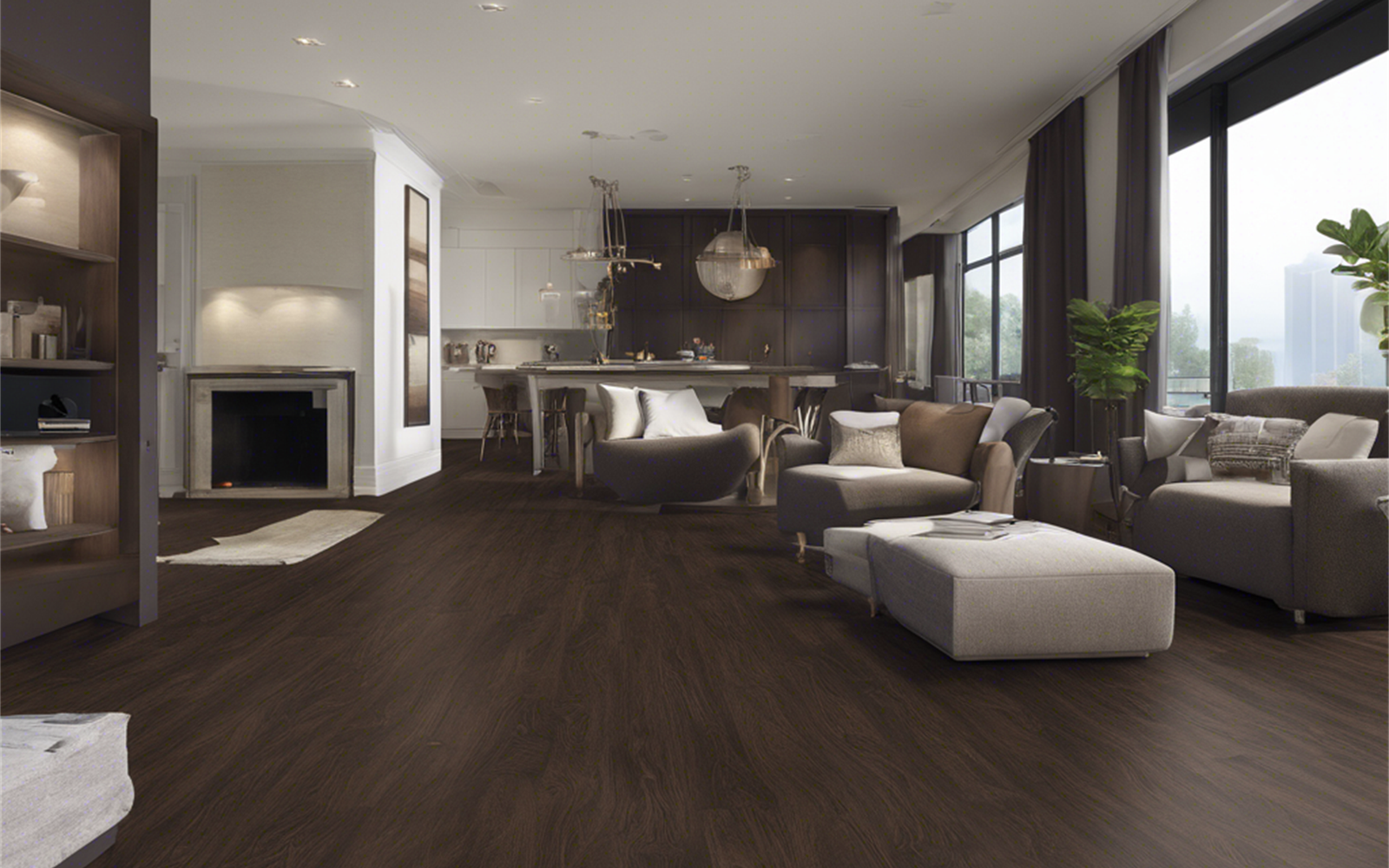Premium open-concept living room with dark hardwood flooring
